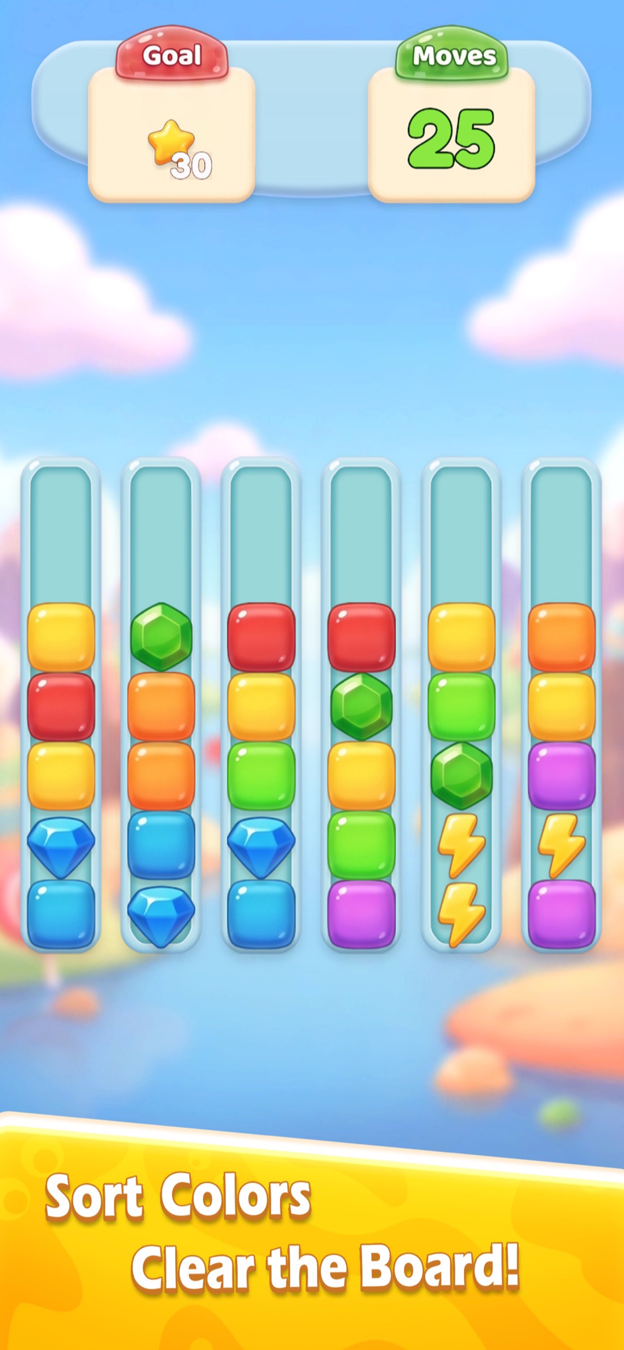 Gameplay board with colorful blocks and a goal counter